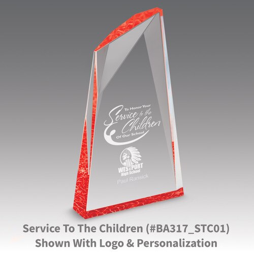 service to the children message on an acrylic summit award with red accent
