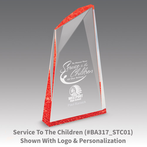 service to the children message on an acrylic summit award with red accent