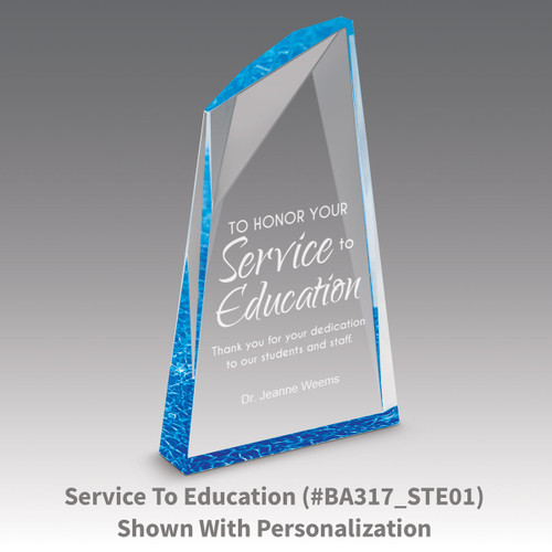 service to education message on an acrylic summit award with blue accent