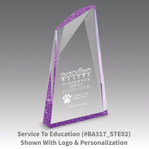 service to education message on an acrylic summit award with purple accent