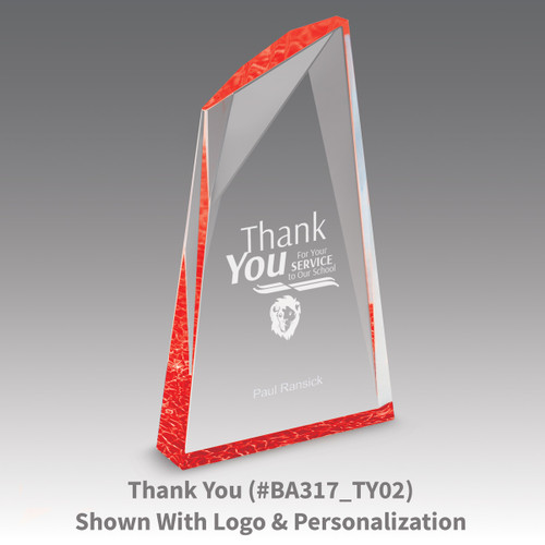 thank you message on an acrylic summit award with red accent