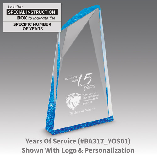 years of service message on an acrylic summit award with blue accent