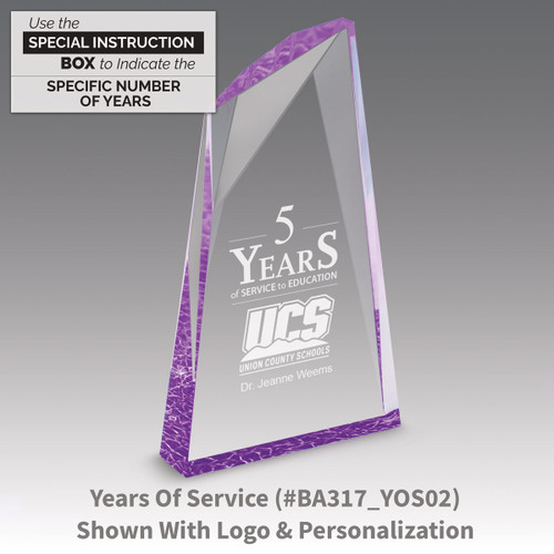 years of service message on an acrylic summit award with purple accent