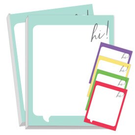 Two notepads featuring a colorful thought bubble and the message: hi! 75 sheets each