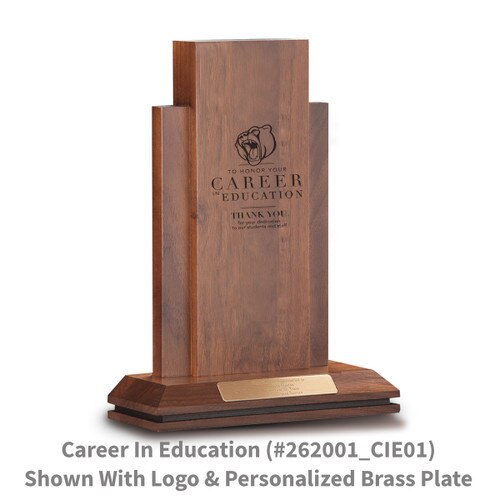 walnut column with career in education message and personalized brass plate