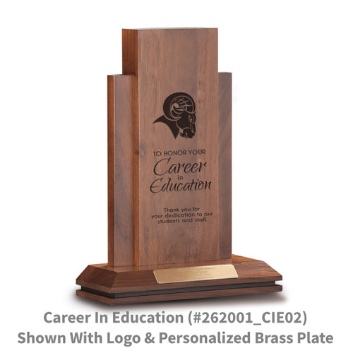 walnut column with career in education message and personalized brass plate