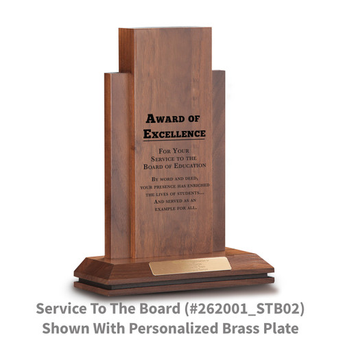 walnut column with award of excellence message and personalized brass plate