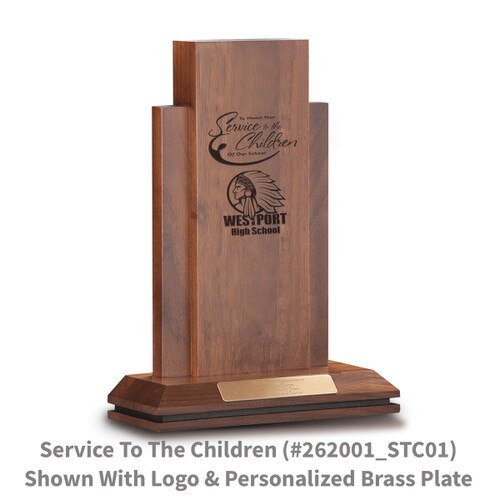 walnut column with service to the children message and personalized brass plate