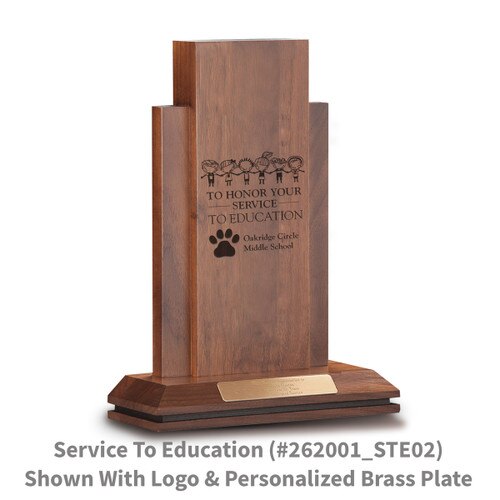 walnut column with service to education message and personalized brass plate