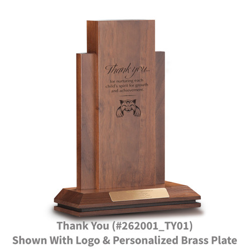 walnut column with thank you message and personalized brass plate