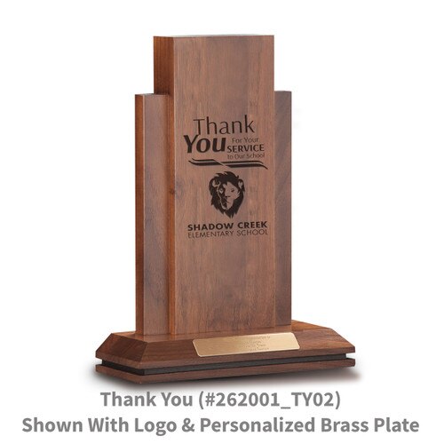 walnut column with thank you message and personalized brass plate
