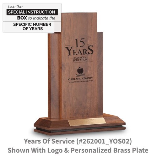 walnut column with years of service message and personalized brass plate