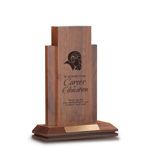 walnut column with career in education message and personalized brass plate