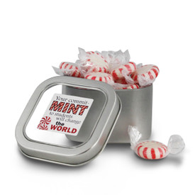 square tin with your commit-mint message and individually wrapped peppermints