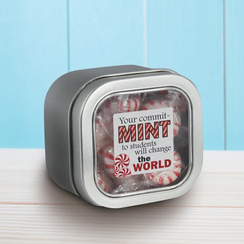 square tin with your commit-mint message and individually wrapped peppermints