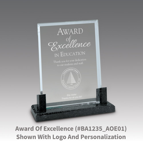 crystal award with marble base featuring award of excellence message