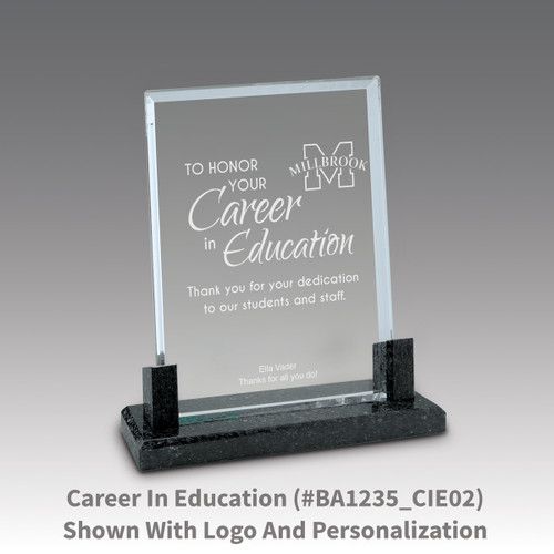 crystal award with marble base featuring career in education message