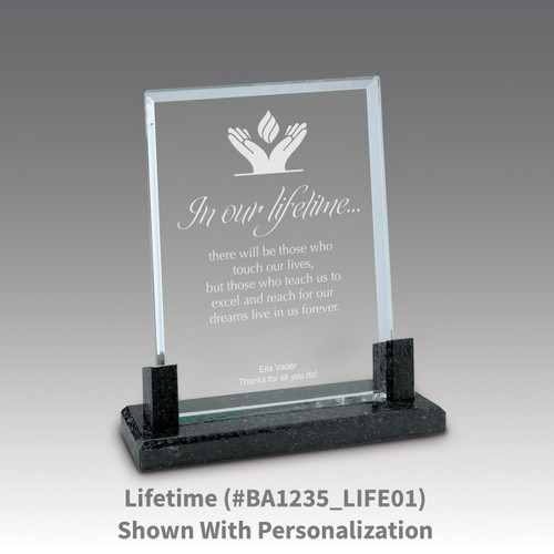 crystal award with marble base featuring in our lifetime message