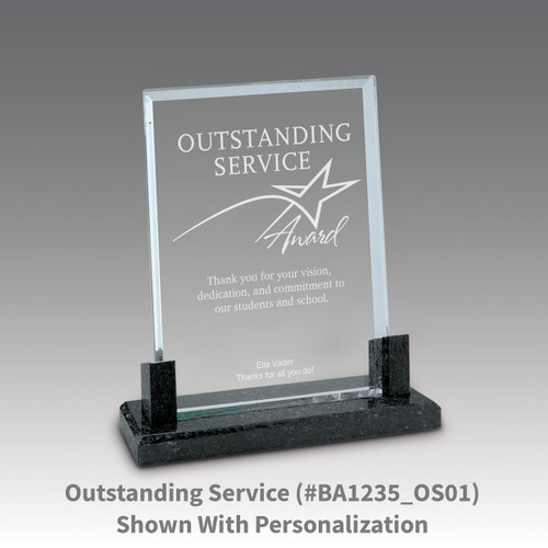 crystal award with marble base featuring outstanding service message