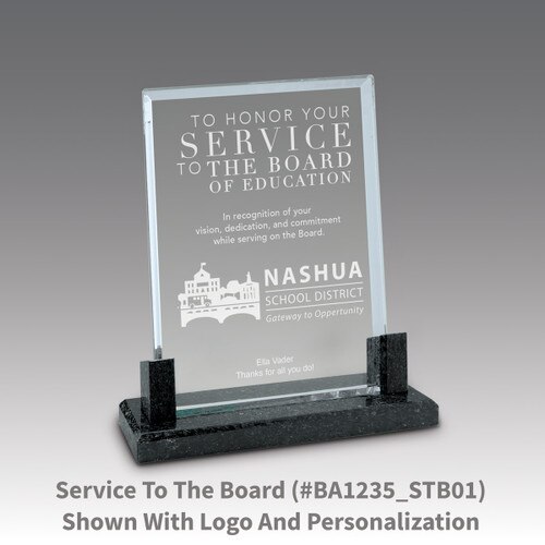 crystal award with marble base featuring service to the board message