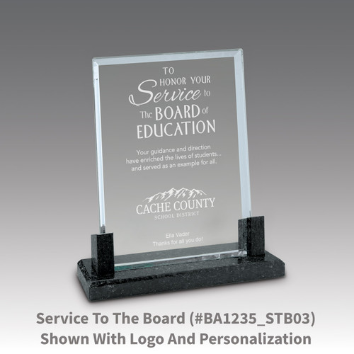 crystal award with marble base featuring service to the board message