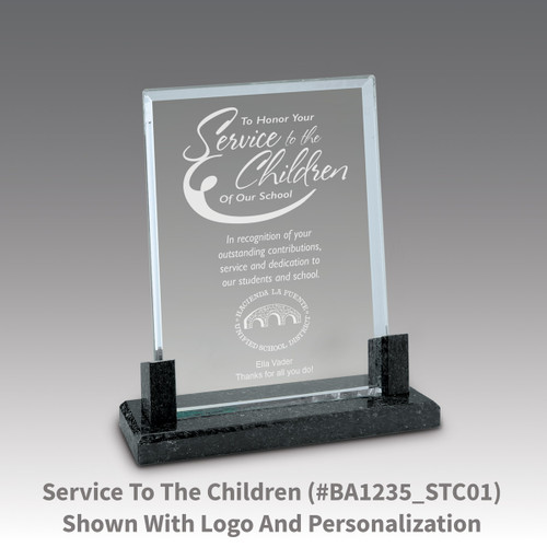 crystal award with marble base featuring service to the children message