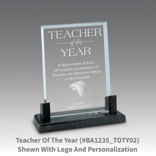 crystal award with marble base featuring teacher of the year message