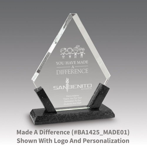 crystal diamond award with marble base featuring made a difference message