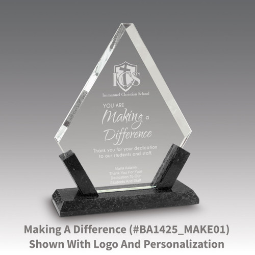 crystal diamond award with marble base featuring making a difference message