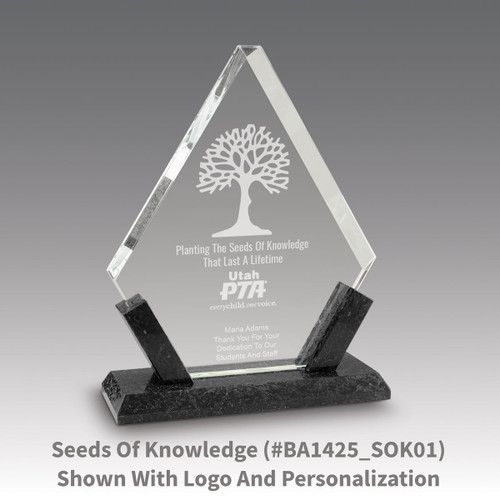 crystal diamond award with marble base featuring seeds of knowledge message