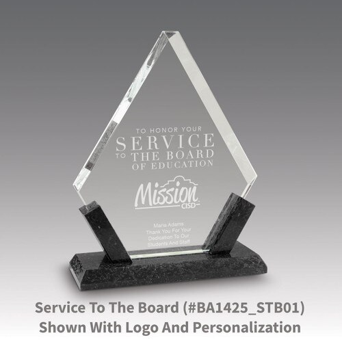 crystal diamond award with marble base featuring service to the board message