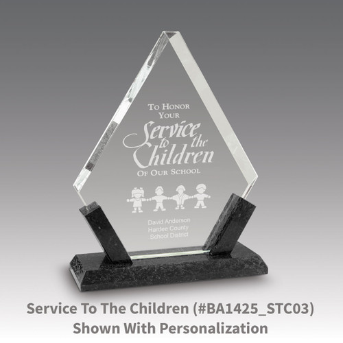 crystal diamond award with marble base featuring service to the children message