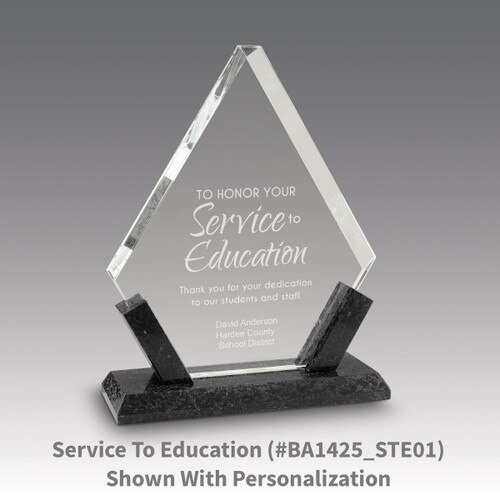 crystal diamond award with marble base featuring service to education message