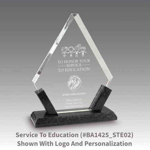 crystal diamond award with marble base featuring service to education message