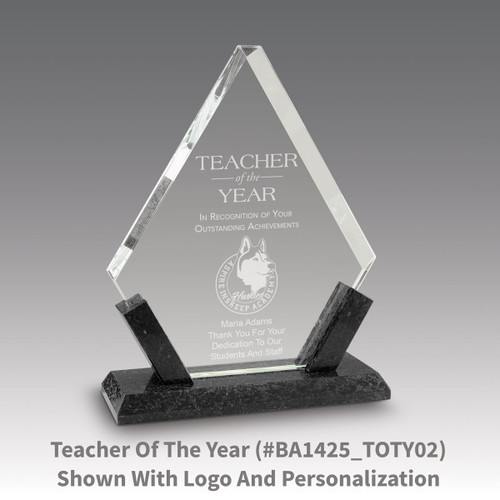 crystal diamond award with marble base featuring teacher of the year message