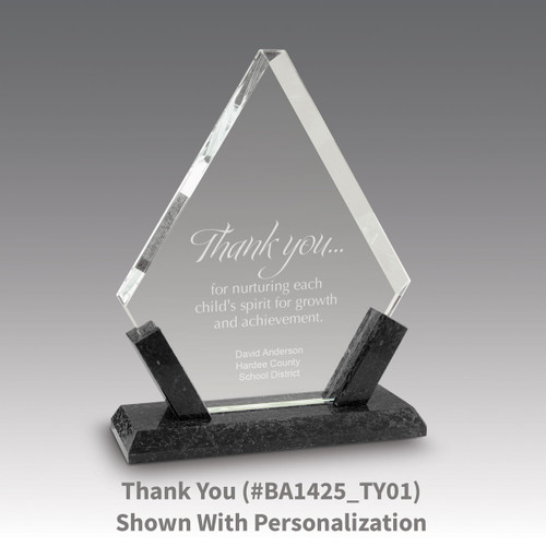 crystal diamond award with marble base featuring thank you message