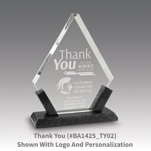 crystal diamond award with marble base featuring thank you message