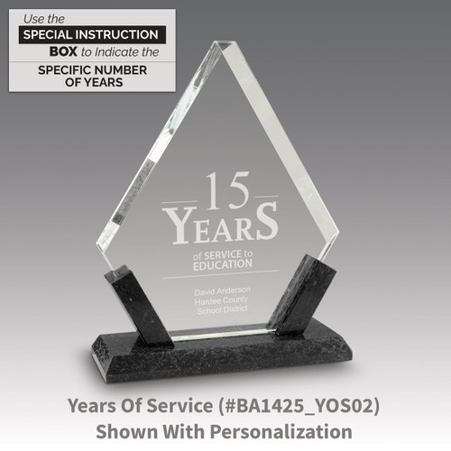 crystal diamond award with marble base featuring years of service message