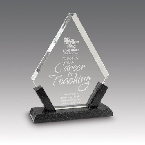 crystal diamond award with marble base featuring career in teaching message