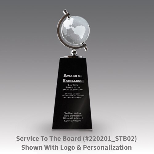 crystal globe sits atop a black crystal base with award of excellence message