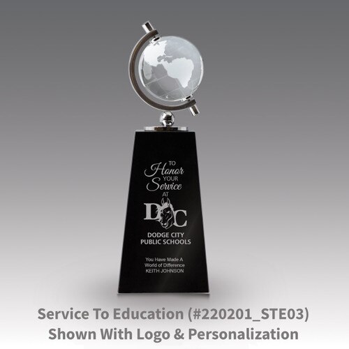 crystal globe sits atop a black crystal base with to honor your service message