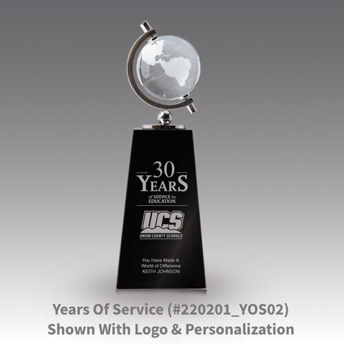 crystal globe sits atop a black crystal base with years of service message