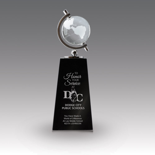 crystal globe sits atop a black crystal base with to honor your service message