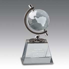 Spinnable Crystal Globe with optic crystal base featuring etched personalization