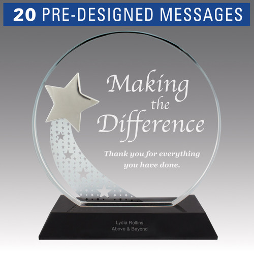 optic crystal base award with a silver star and making a difference message