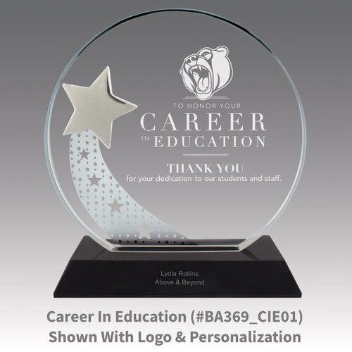 optic crystal base award with a silver star and career in education message