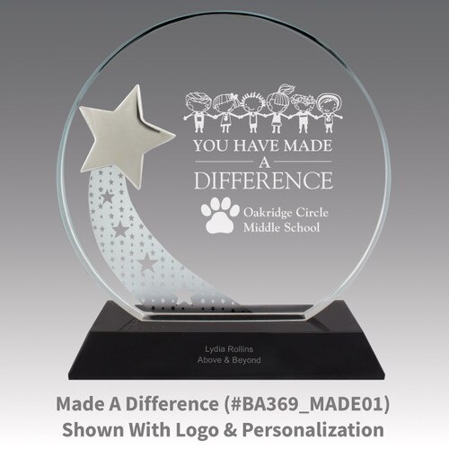 optic crystal base award with a silver star and made a difference message