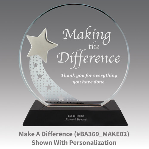 optic crystal base award with a silver star and making a difference message