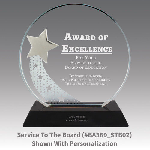 optic crystal base award with a silver star and award of excellence message