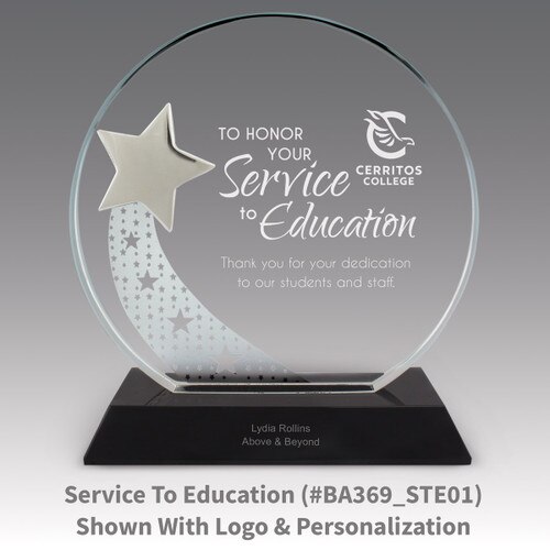 optic crystal base award with a silver star and service to education message